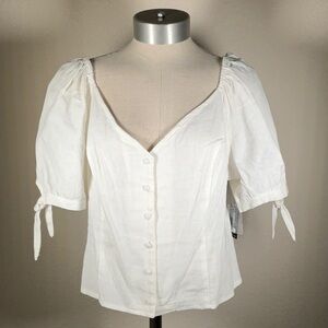 Express Linen Blend Ivory Puff Sleeve Blouse